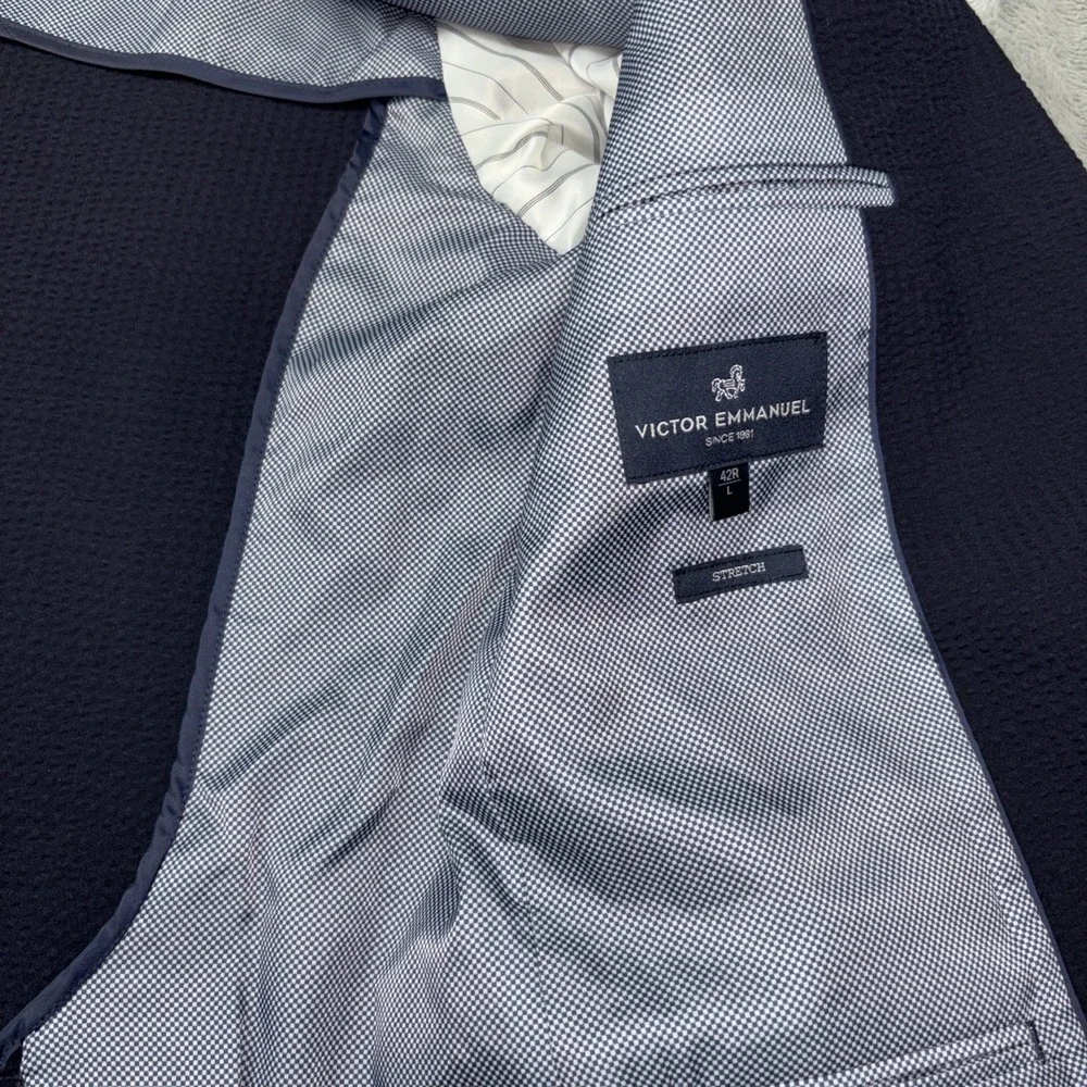 Victor Emmanuel Textured Stretch Seersucker Sport Coat L/42-Reg Navy NWT